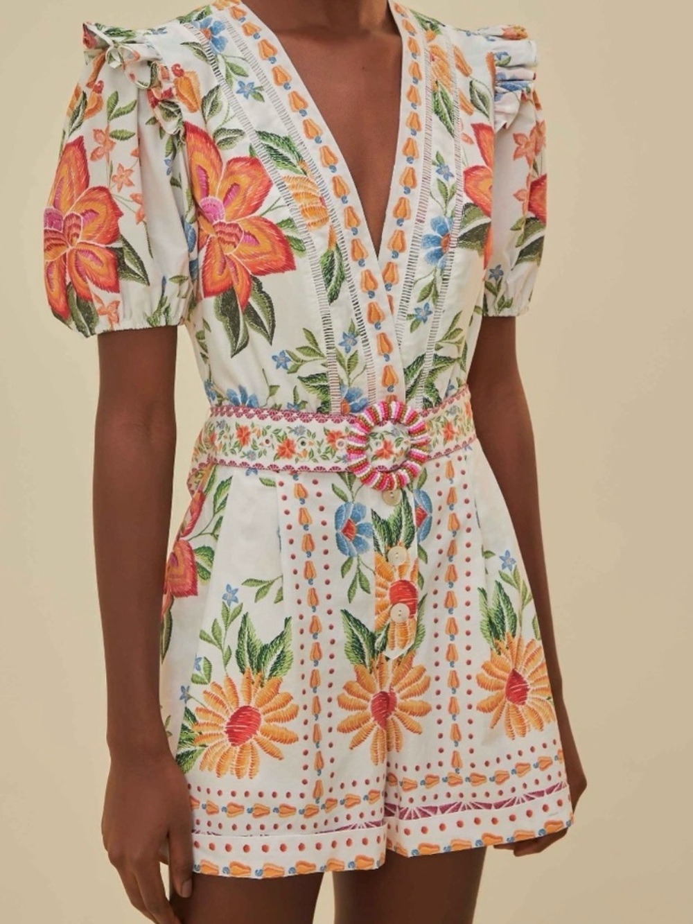 White Floral Embroidered V-Neck Romper - Picture 1 of 6